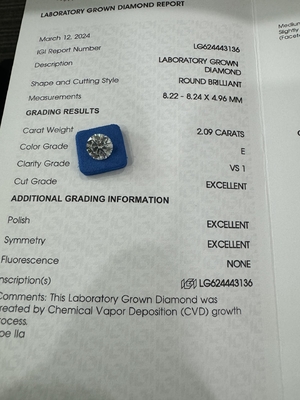 خرید 2.09CT E VS1 3EX CVD برش گرد الماس رشد شده گواهی IGI LG624443136 online manufacture