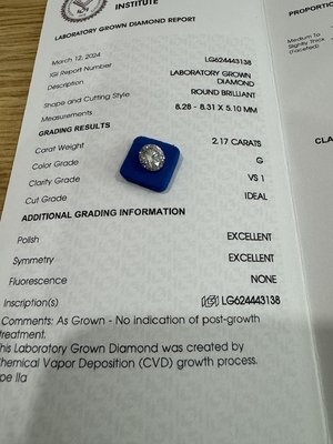 خرید 2.17CT G VS1 3EX آزمایشگاه CVD ساخته شده الماس برش گرد گواهینامه IGI LG624443138 online manufacture