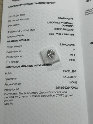 خرید 3.19CT F VS1 3EX آزمایشگاه رشد CVD الماس برش گرد گواهینامه IGI LG626472973 online manufacture