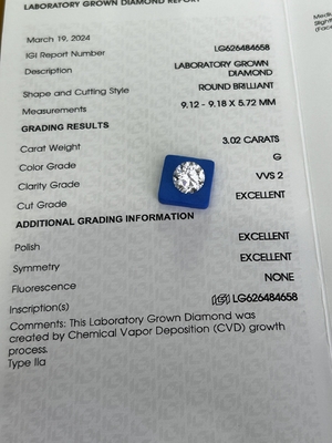 خرید 3.02ct CVD لابراتوار رشد الماس برش گرد G VVS2 3EX N گواهینامه IGI online manufacture