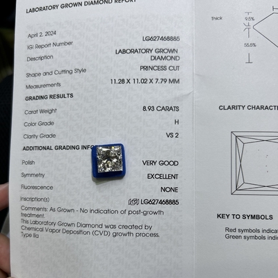 خرید 8.93CT H رنگ VS2 وضوح 2EX CVD آزمایشگاهی online manufacture