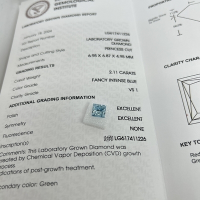 خرید 2.11CT فانسي نيروي شديد VS1 2EX CVD آزمايشگاهي بزرگ شده الماس پرنسس برش online manufacture