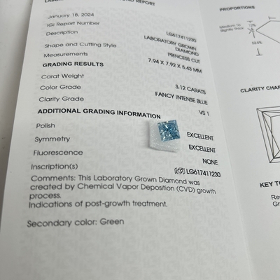 خرید 3.12CT فانتزی شدید آبی آزمایشگاه ساخته شده الماس VS1 2EX CVD پرنسس برش online manufacture