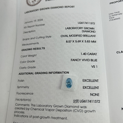 خرید 1.4ct لابراتوار ساخته شده الماس قطعه بیضوی CVD فانتزی آبی روشن VS1 2EX N گواهینامه IGI online manufacture