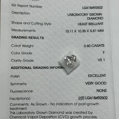 خرید 3.6ct لابراتوار ساخته شده الماس قلب درخشان برش CVD F VS1 2EX N IGI LG618492502 online manufacture