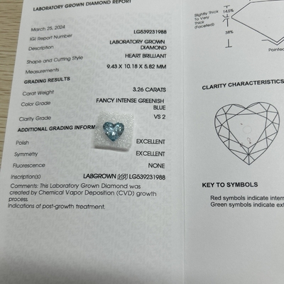 خرید 3.26ct CVD شکل قلب لابراتوار الماس فانتزی رنگ سبز شدید آبی VS2 2EX N online manufacture