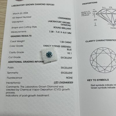 خرید 1.56ct فانتزی شدید آبی سبز لابراتوار رشد الماس دور برش CVD FVS1 3EX N IGI online manufacture