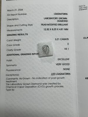 3.21CT E VS1 EX VG CVD آزمایشگاهی رشد الماس Pear Brillant Cut IGI گواهی شده