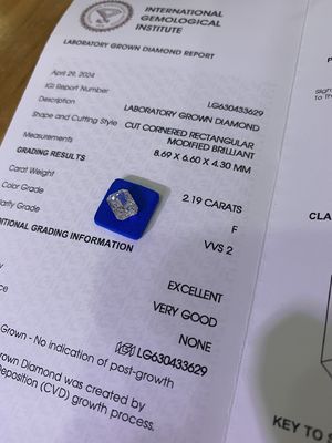 2.19ct لابراتوار الماس شعله دار برش CVD F VVS2 EX VG N IGI LG630433629