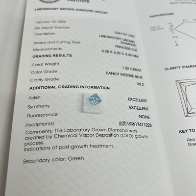 1.52CT فانتزی شدید آبی VS2 2EX CVD آزمایشگاه بالغ الماس پرنسس شکل OEM ODM