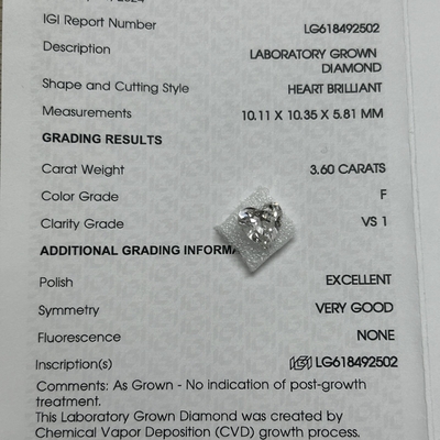 3.6ct لابراتوار ساخته شده الماس قلب درخشان برش CVD F VS1 2EX N IGI LG618492502
