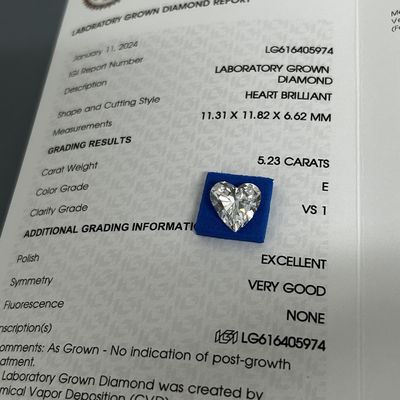 5.23ct برنج بزرگ شده الماس قلب برش CVD E رنگ VS1 وضوح 2EX N IGI